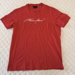 Emporio Armani Men’s Navy Red T-Shirt Signature Logo Crew Neck Size Large